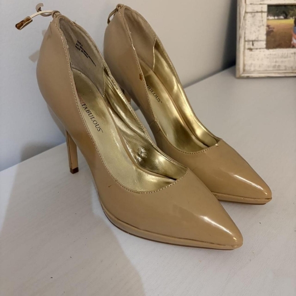 JustFab Shoes - JustFab Tan and Cream Patent Leather Pointed-toe Heels
